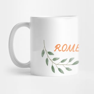 This is a simple picture showing the name of the city and country. Wrapped in green branches. Mug